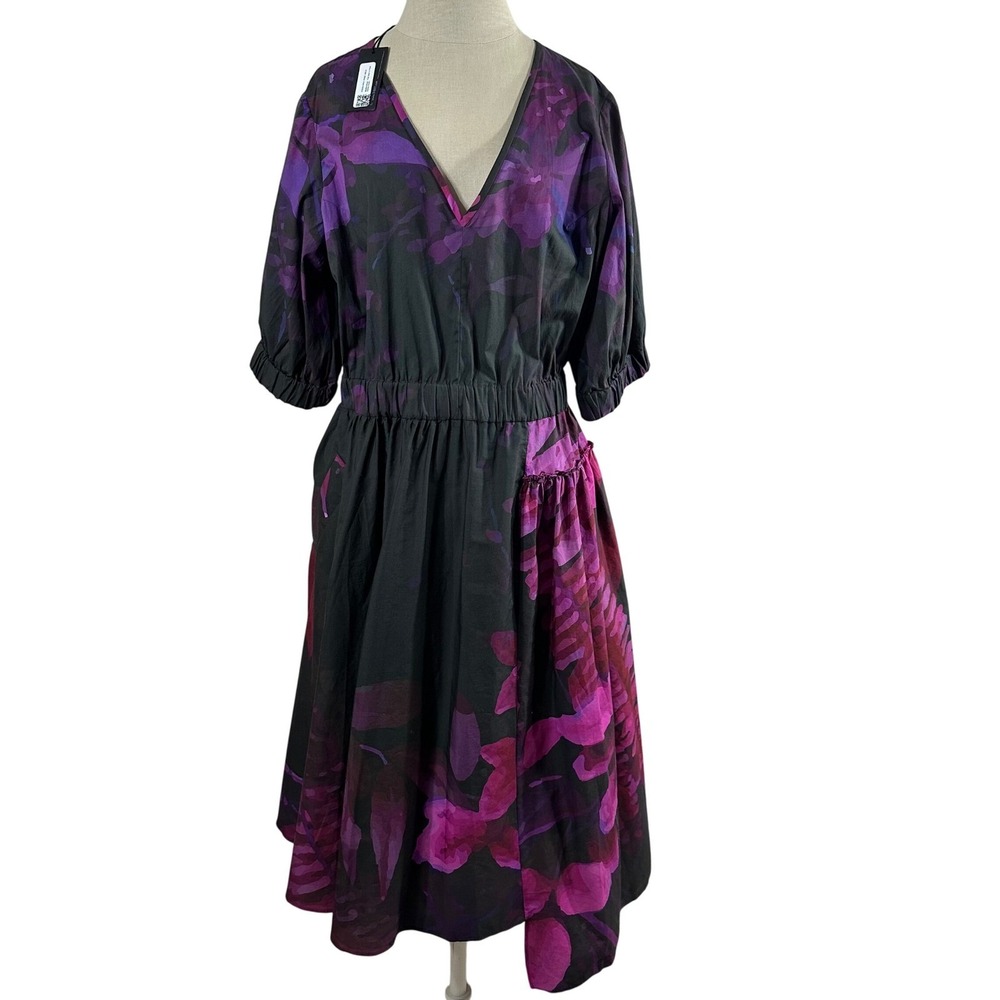 THE KIT. Purple Floral Cotton V-Neck Midi Dress with Pockets and Ruffle Size L - Picture 2 of 16